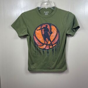 The Childrens Place Boys Olive Green Basketball Graphic Tee Shirt Size M 7/8